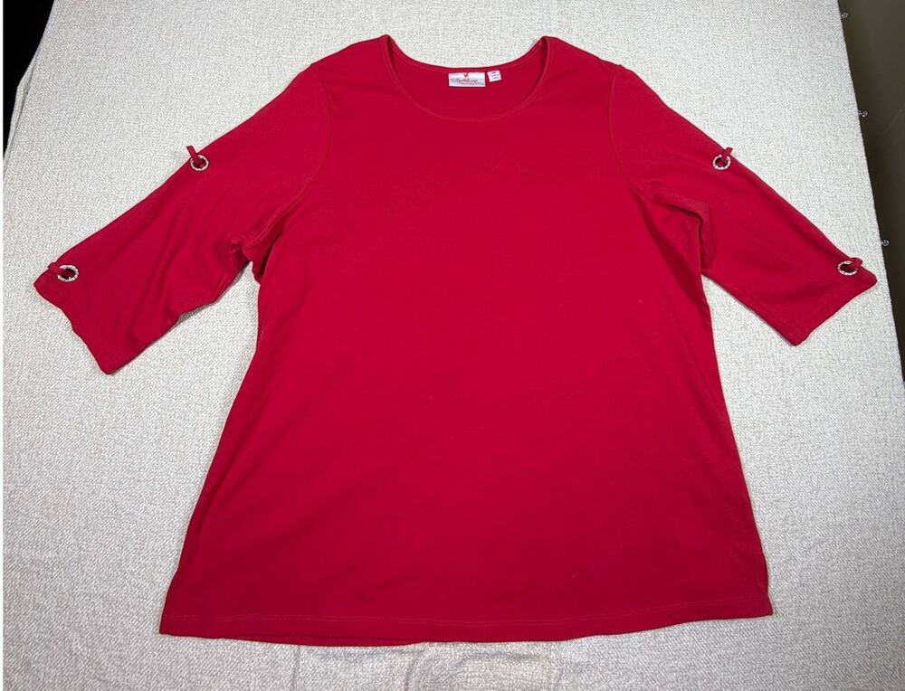 Quacker Factory Women 2X Red Knit 3/4 Split Rhinestone Sleeve Cruisewear Top